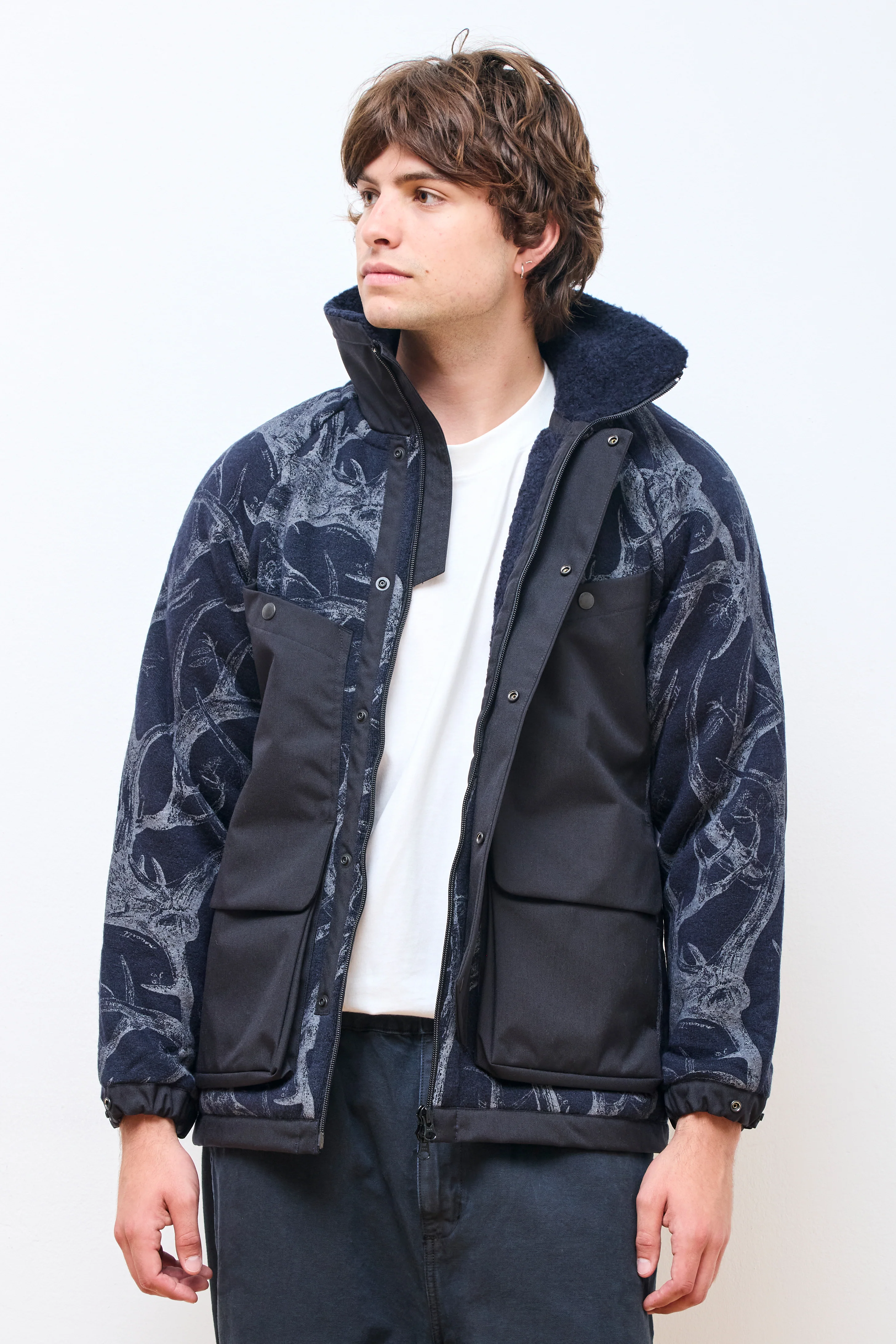 Horn Tree Print Wool Boa Jacket Navy - Image 2