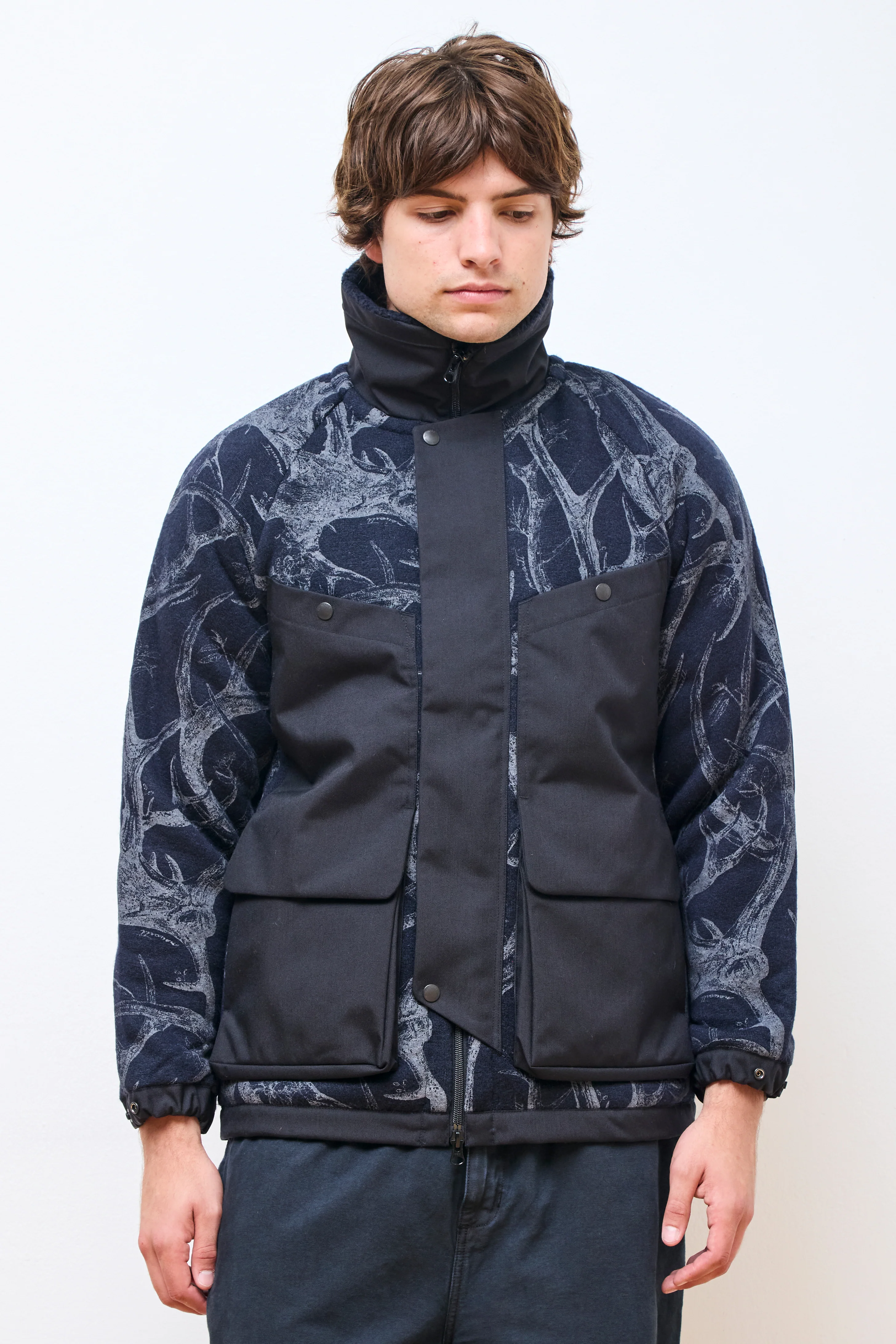 Horn Tree Print Wool Boa Jacket Navy - Image 3
