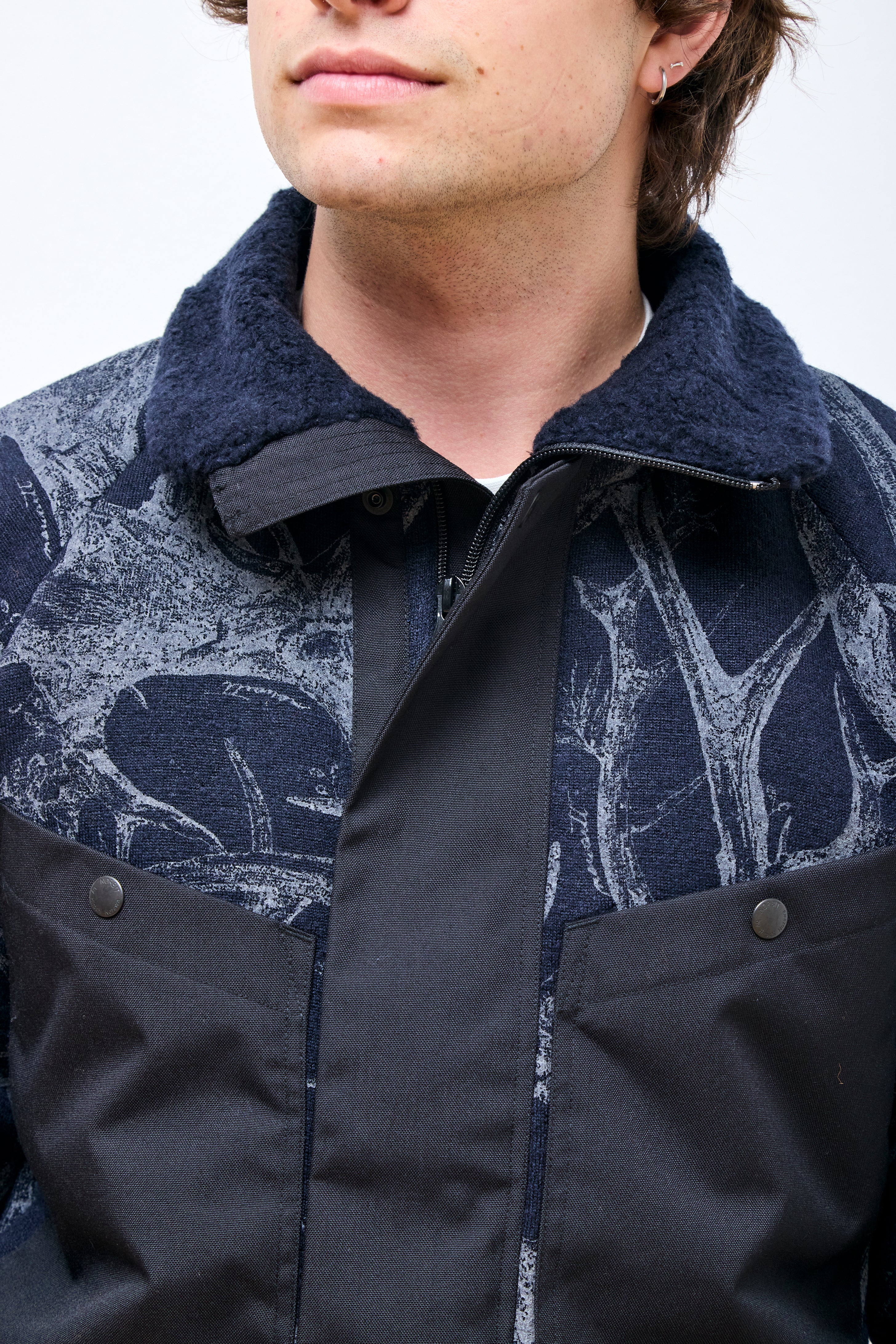 Horn Tree Print Wool Boa Jacket Navy - Image 5