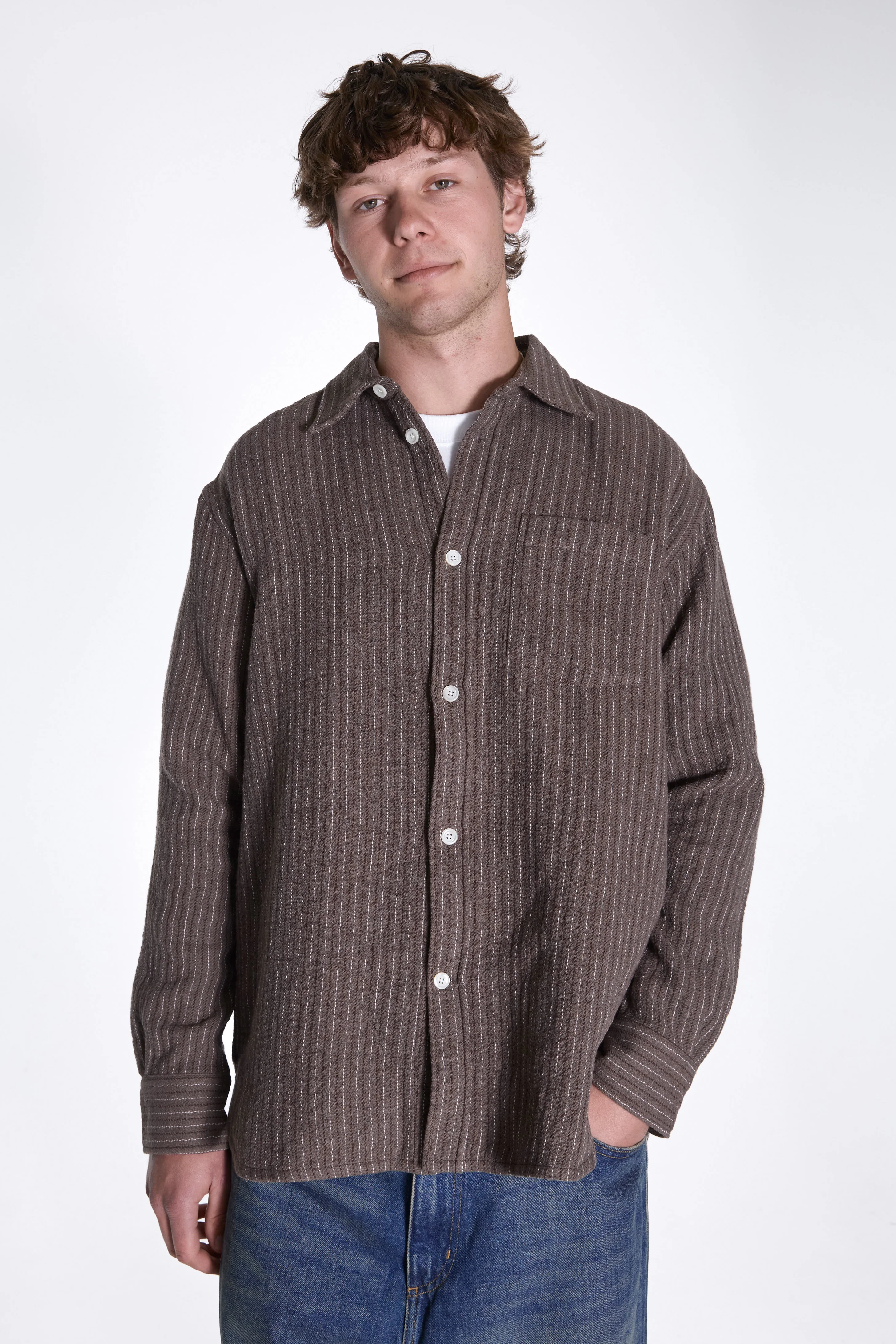 Ole Oversized Wool Stripe Shirt Seal Brown