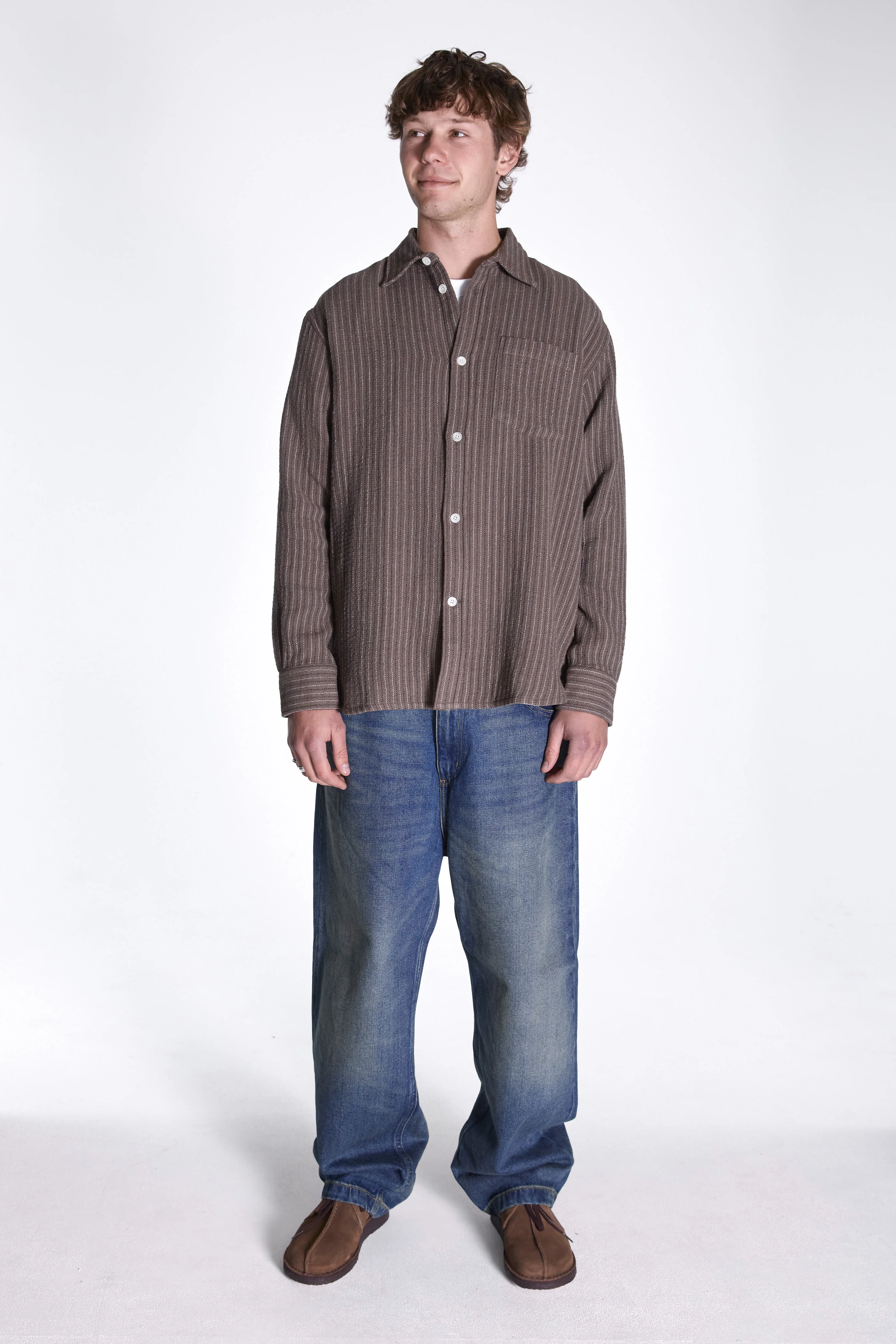 Ole Oversized Wool Stripe Shirt Seal Brown - Image 4
