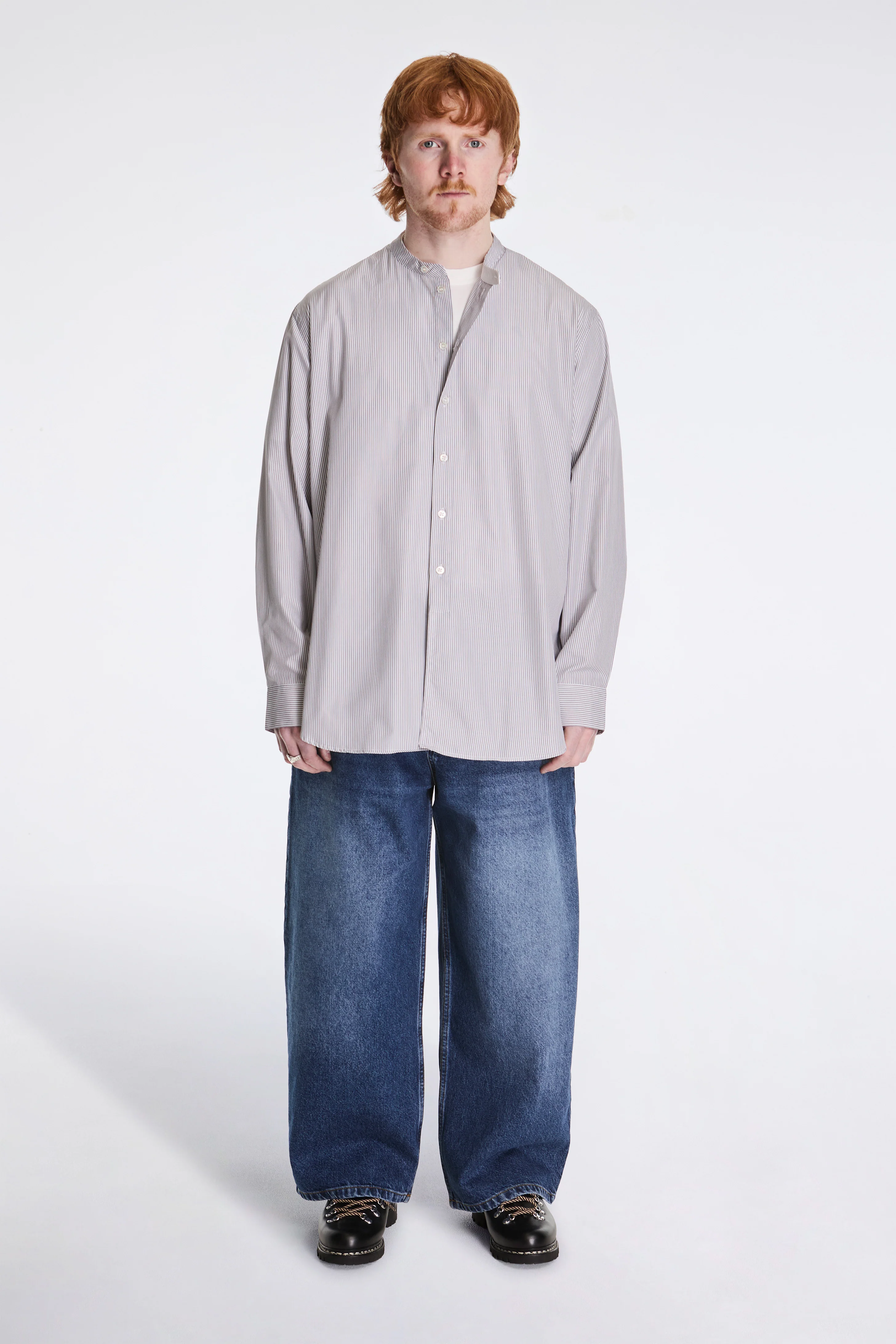 Nick Grandad Collar Shirt Narrow Shadow Stripe Grey