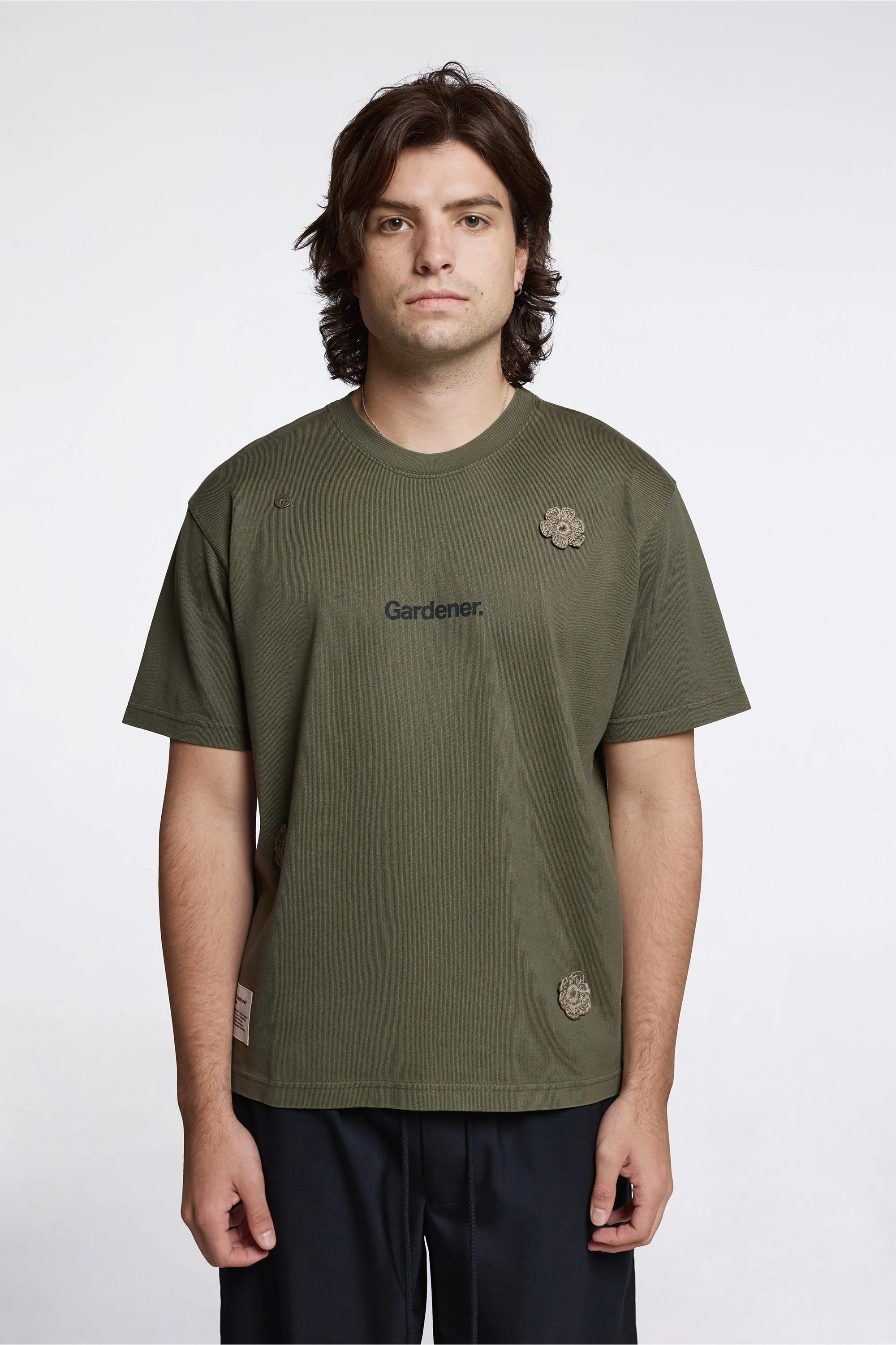 ''The Gardener'' Crochet Flower T-Shirt Overdyed Army Green