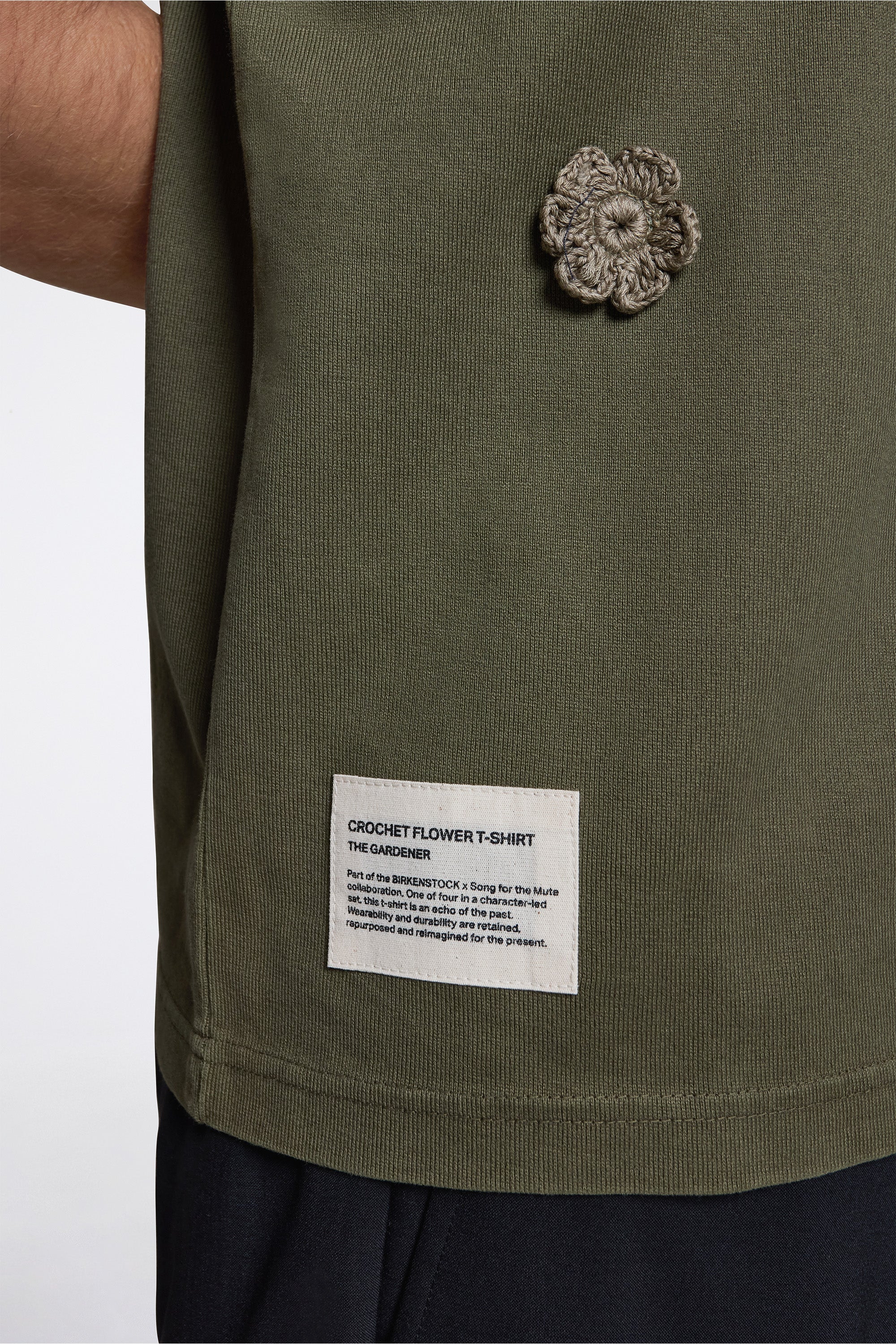 ''The Gardener'' Crochet Flower T-Shirt Overdyed Army Green - Image 5