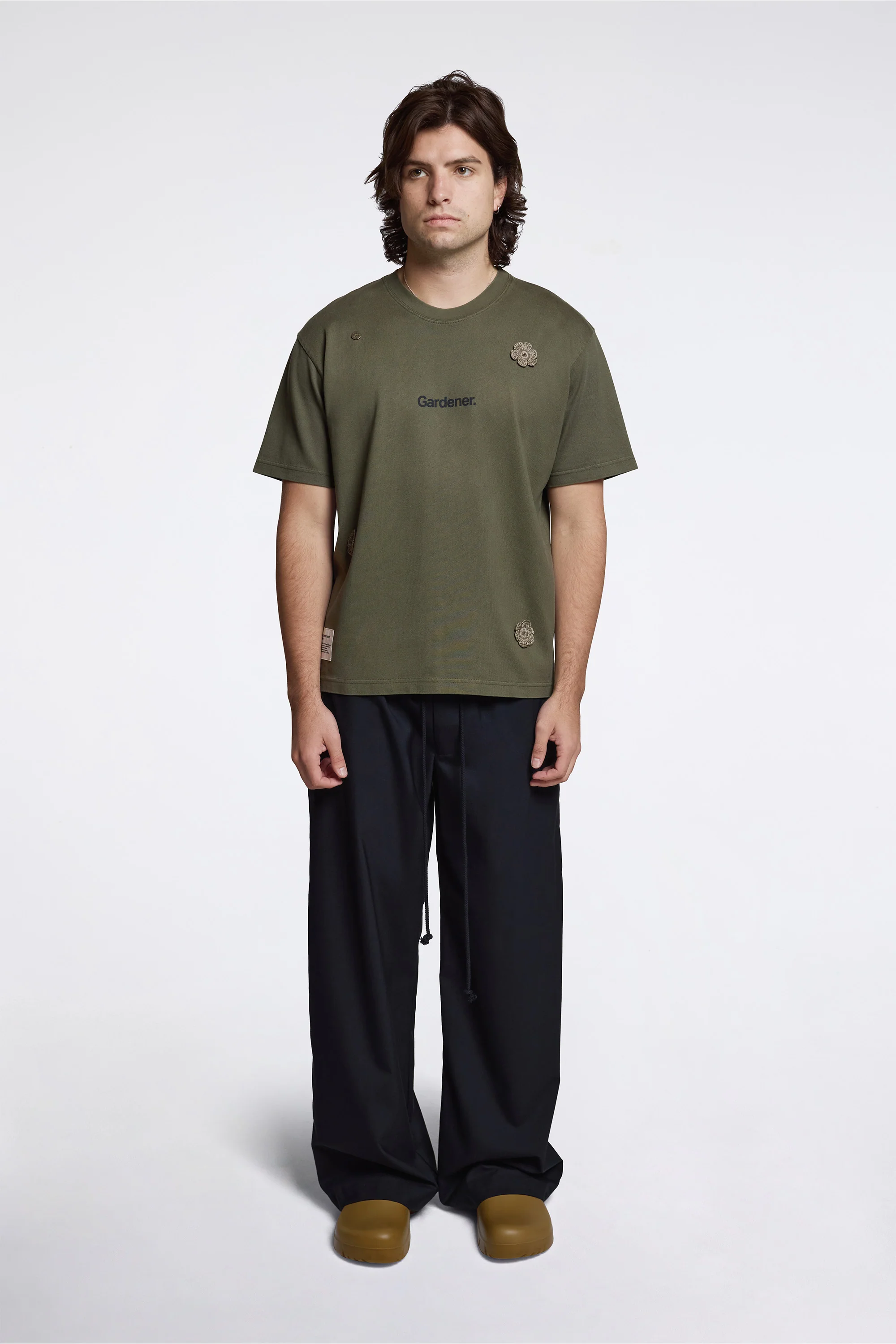 ''The Gardener'' Crochet Flower T-Shirt Overdyed Army Green - Image 6